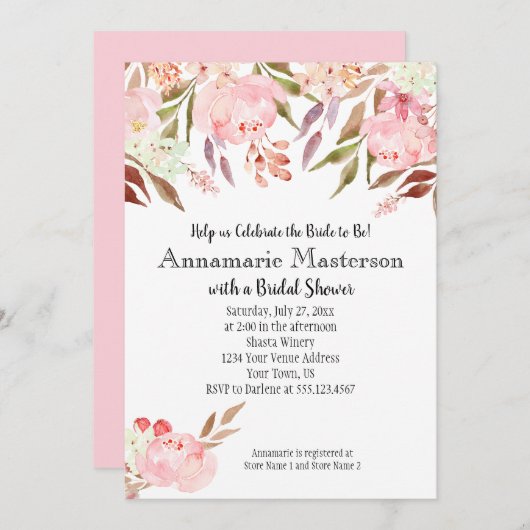 Soft Pink Peonies Wildblumen Blätter Brautparty Einladung (Vorne/Hinten)