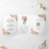 Soft Pink Peony Blume Mason Jar QR Code Hochzeit Dreifach Gefaltete Einladung (Innenseite)