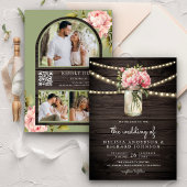 Soft Pink Peony Mason Jar QR Code Hochzeit Holz Einladung