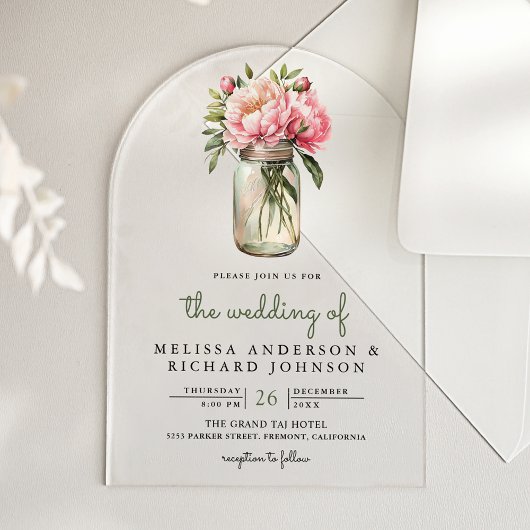 Soft Pink Pfingstrosen-Blumen-Mason-Glas-Hochzeit Acryleinladungen
