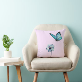 Soft Pink Pillow with Blue Flower and Butterfly Kissen