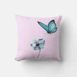 Soft Pink Pillow with Blue Flower and Butterfly Kissen