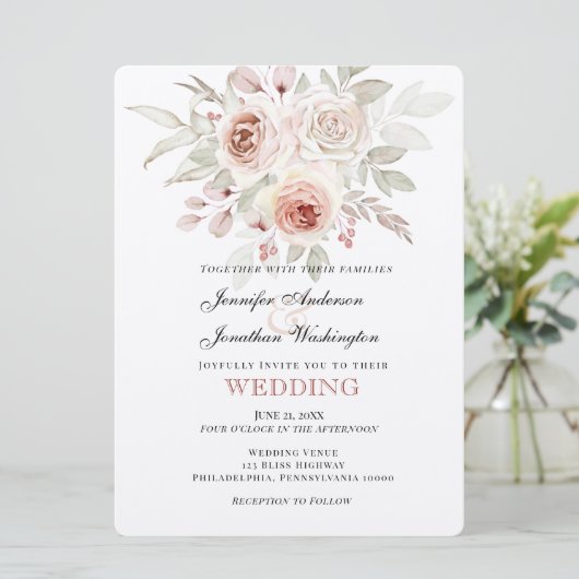 Soft Pink Romantic Rose Wedding Einladung (Stehend Vorderseite)