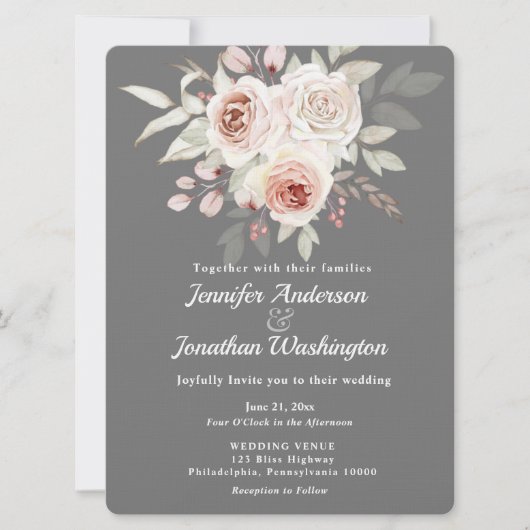 Soft Pink Romantische Rose auf Gray Wedding Einladung (Vorderseite)