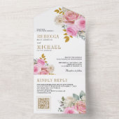 Soft Pink Rosen Florale QR Code Hochzeit All In One Einladung (Innen Boden)