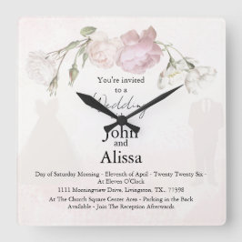 Soft Pink Roses & Bride and Groom Collection Quadratische Wanduhr