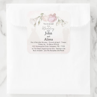 Soft Pink Roses & Bride and Groom Collection Quadratischer Aufkleber