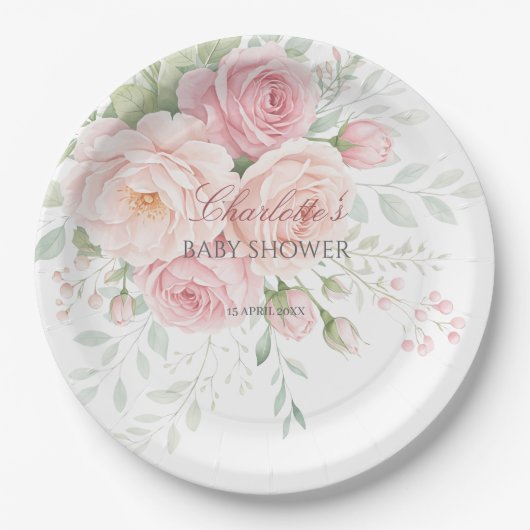 soft pink roses floral paper plates pappteller (Vorderseite)