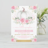 Soft Pink Roses und Pumpkin 1. Geburtstag Einladung (Stehend Vorderseite)