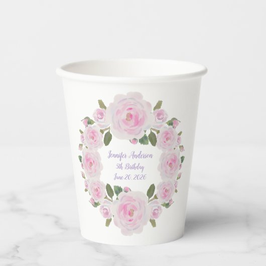 Soft Pink Roses Wreath Name Text Paper Cups Party Pappbecher (Vorderseite)