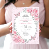 Soft Pink Silver Quinceañera Rose Flower Butterfly Einladung