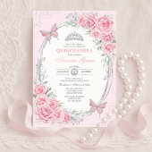 Soft Pink Silver Quinceañera Rose Flower Butterfly Einladung