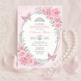 Soft Pink Silver Quinceañera Rose Flower Butterfly Einladung