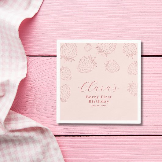 Soft Pink Strawberry Minimalistisch Geburtstag Serviette