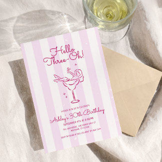 Soft Pink Stripe Hand Drawn Cocktail 30. Geburtsta Einladung