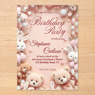 Soft Pink Teddy Bear Birthday Invitation Acryleinladungen
