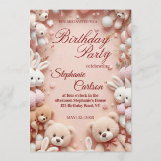 Soft Pink Teddy Bear Birthday Invitation Einladung