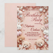 Soft Pink Teddy Bear Birthday Invitation Einladung (Vorne/Hinten)