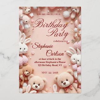 Soft Pink Teddy Bear Birthday Invitation Folieneinladung