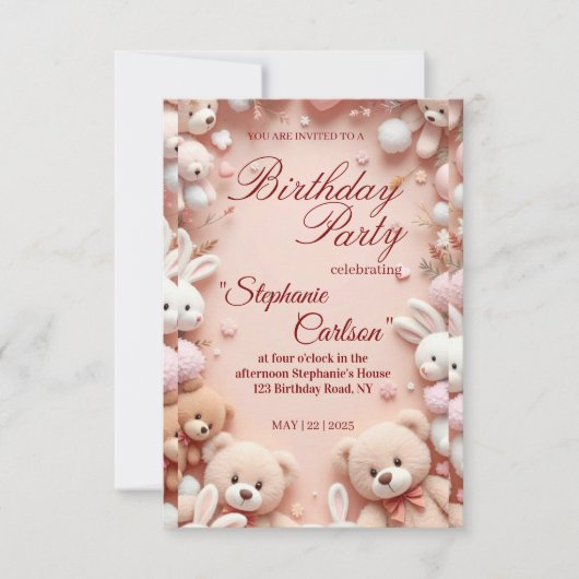 Soft Pink Teddy Bear Birthday Invitation RSVP Karte (Vorderseite)