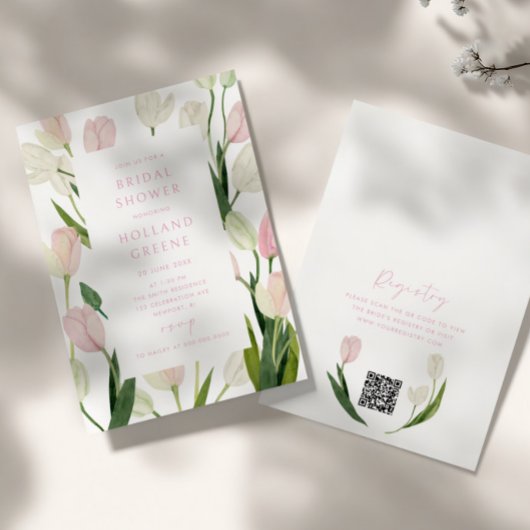 Soft Pink Tulip QR Code Bridal Shower Einladung