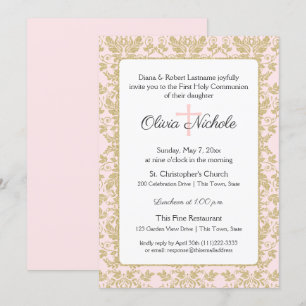 Soft Pink und Gold Damask Erste Kommune Einladung