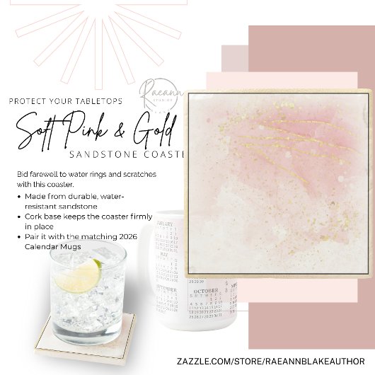 Soft Pink und Gold Square Sandstone Untersetzer