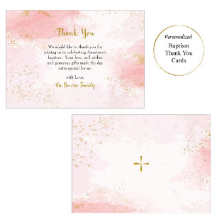 Soft Pink und Imitats Gold Glitzer Orthodoxe Taufe Dankeskarte