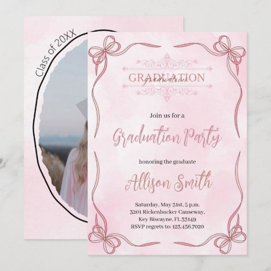 Soft pink watercolor grade invitation with bow einladung (Vorne/Hinten)