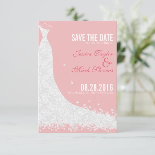 Soft Pink & White Lace Hochzeitskleid Save the Dat Save The Date (Stehend Vorderseite)