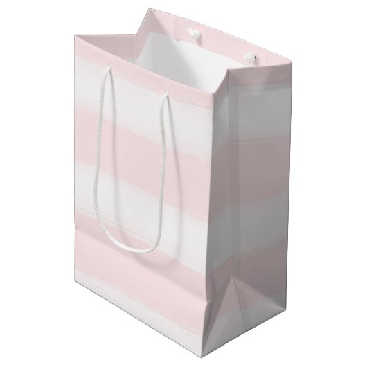 Soft Pink White Stripes Wasserfarbe Babydusche Mittlere Geschenktüte (Vorderseite Schrägansicht)
