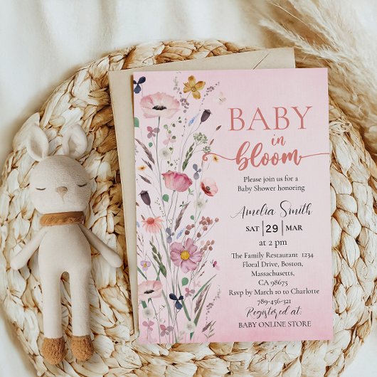 Soft Pink Wildblume Babydusche Einladung
