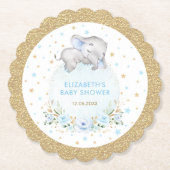 Soft Powder Blue Gold Stars Elephant Baby Dusche Untersetzer (Vorderseite)