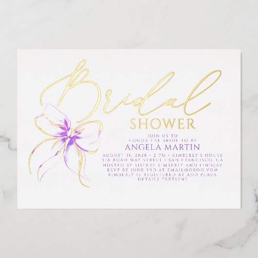 Soft Purple Bow She's Tying The Knot Bridal Shower Folieneinladung (Vorderseite)