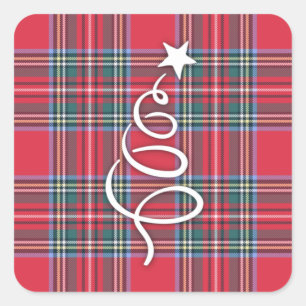 Soft Red Kariert mit Kalligrafie Weihnachtsbaum Quadratischer Aufkleber