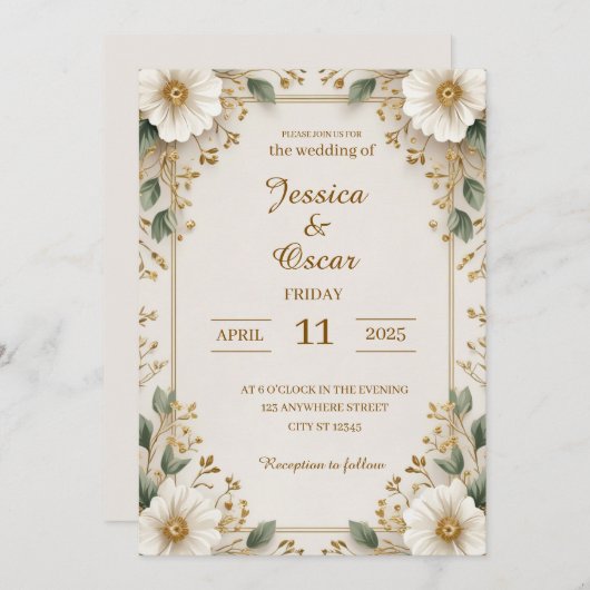 Soft Romantic Gold Floral Patterns Hochzeit Einladung (Vorne/Hinten)