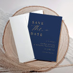 Soft Romantic Navy Blue and Gold Wedding Save The Date<br><div class="desc">Set den Ton für deine Traumhochzeit mit unserer exquisiten Soft Romantic Navy Blue & Gold Save the Date Card. Mit seinem dunkelmarineblau-blauen Hintergrund und glänzenden Goldtexten strahlt diese Karte Eleganz und Eleganz aus und schafft so einen perfekten Auftakt zu Ihrem besonderen Tag. 💌 Moderne Kalligraphie Elegance: Das weiche, moderne Kalligraphieskript...</div>