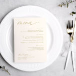 Soft Romantic Script Cream Gold Wedding Menus Menükarte<br><div class="desc">Genießen Sie Ihren Hochzeitsempfang mit unserem "Soft and Romantic Gold Cream Wedding Reception Menu". Dieses Menü in zarten Cremetönen und mit subtilen Goldakzenten geschmückt, vereint zeitgenössische Raffinesse und zeitlose Zuneigung. Das moderne Drehbuch erzählt Ihre kulinarische Auswahl mit einem Hauch von Eleganz, während das minimalistische Design Ihre Speisekarte als kulinarisches Herzstück...</div>