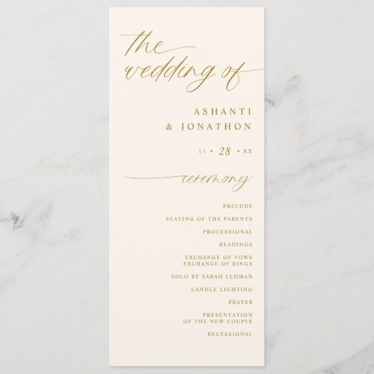 Soft Romantic Script Elfenbein und Gold Hochzeit Programm (Vorderseite)