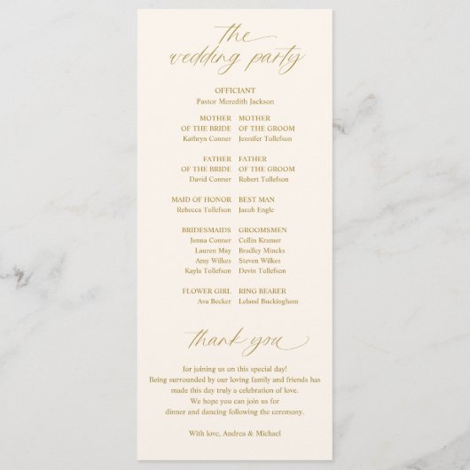 Soft Romantic Script Elfenbein und Gold Hochzeit Programm (Rückseite)