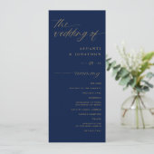 Soft Romantic Script Navy Blue und Gold Hochzeit Programm (Stehend Vorderseite)