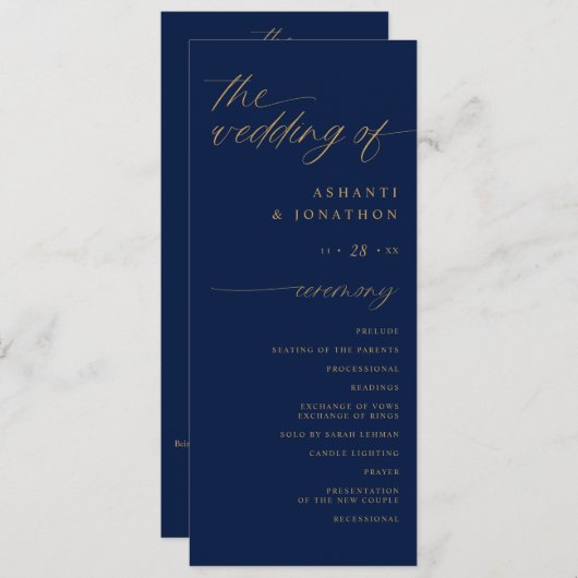 Soft Romantic Script Navy Blue und Gold Hochzeit Programm (Vorne/Hinten)
