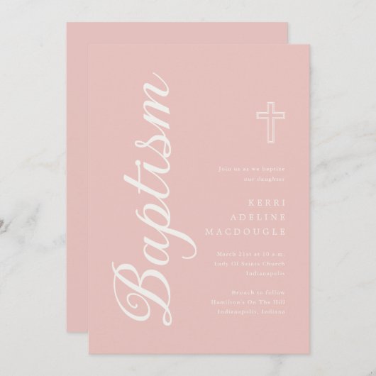 Soft Rose Gold Elegante Elfenbeinskripttaufe Einladung (Vorne/Hinten)