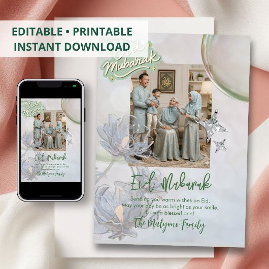 Soft Sage Floral Eid Mubarak Family Photo Card  Feiertagskarte