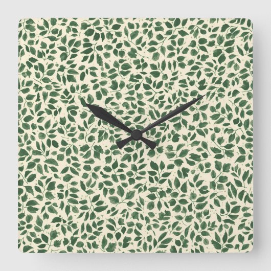 Soft Sage Green Botanical Leaf Foliage Pattern Quadratische Wanduhr (Vorderseite)