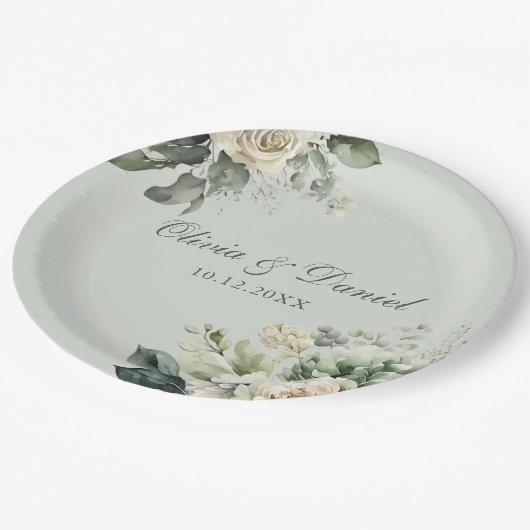 Soft Sage Green Floral Paper Plate Pappteller (Schrägansicht)