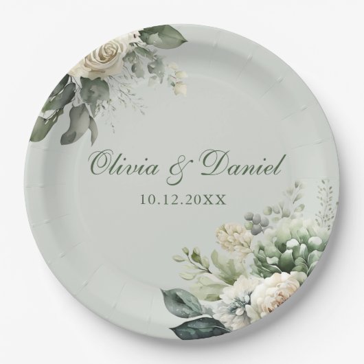 Soft Sage Green Floral Paper Plate Pappteller (Vorderseite)