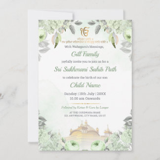 Soft Sage Green Floral Sukhmani Sahib Path Invite Einladung