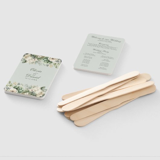 Soft Sage Green Floral Wedding Program Hand Fan Fächer (Non-assembled)