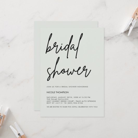 Soft Sage Script Modern Bridal Shower Invitation Einladung (Vorderseite/Rückseite Beispiel)
